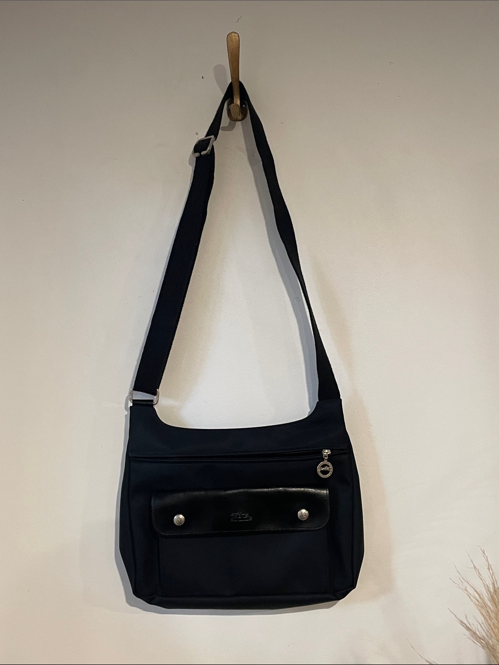 Longchamp Planetes Black Nylon Crossbody with Leather-Trim Front Pocket B138